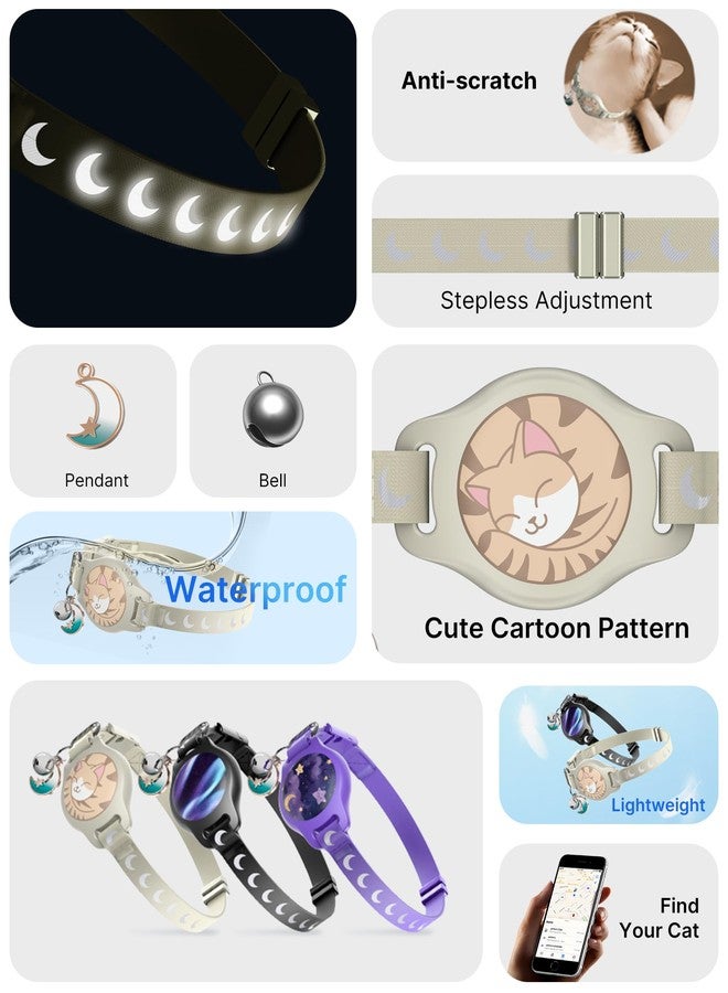 typecase Cat Collar with Airtag Holder, Breakaway Airtag Cat Collar for Apple Air Tag with Luminous & Reflective Pattern, Waterproof GPS Cat Tracker Collars for Boy Girl Cats Kittens with Bell, Khaki (8-12") - Image 3